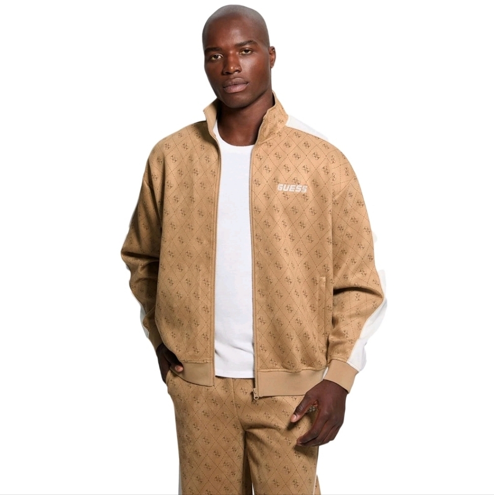 GUESS Mens Eco 4G Mojo Full Zip Sweatshirt, 4G Foamy Taupe Aop XXL NWT